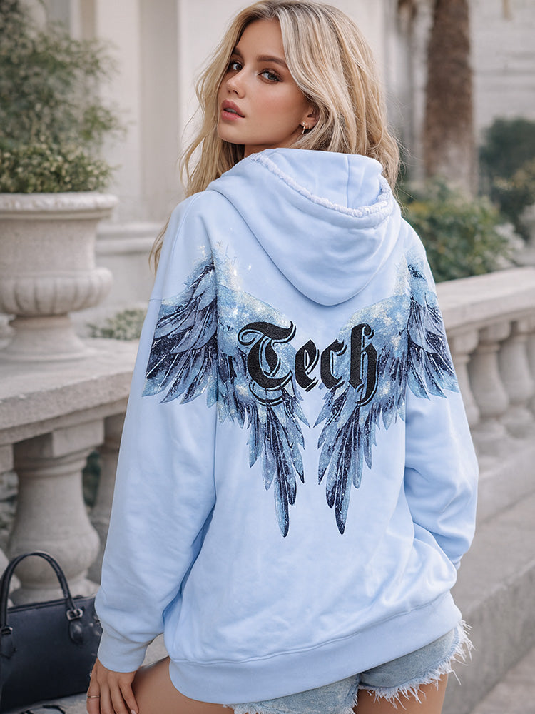 TCH Angel Wing Rhinestone Teddy Bear Oversized Hoodie:Cute Meets Bold Streetwear