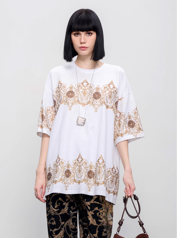 TCH Baroque Rhinestone Oversized Graphic Tee: When Baroque Luxury Falls on a White Canvas, Everyday Style Becomes Extraordinary