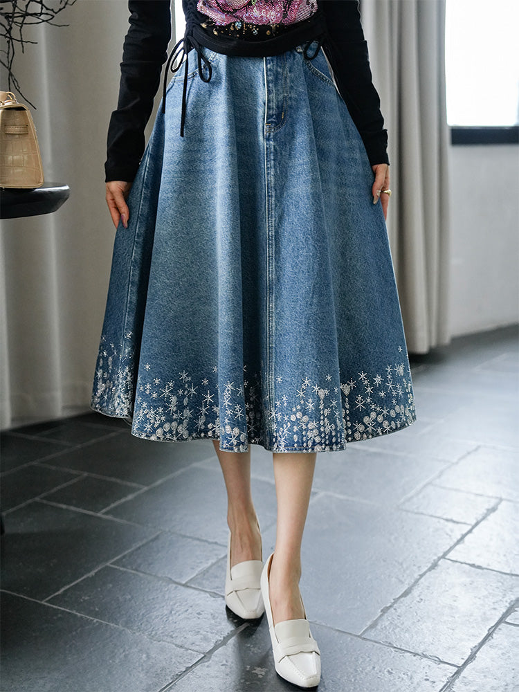 TCH Galaxy Starfall Rhinestone Denim Skirt – A Celestial Twist on Classic Denim