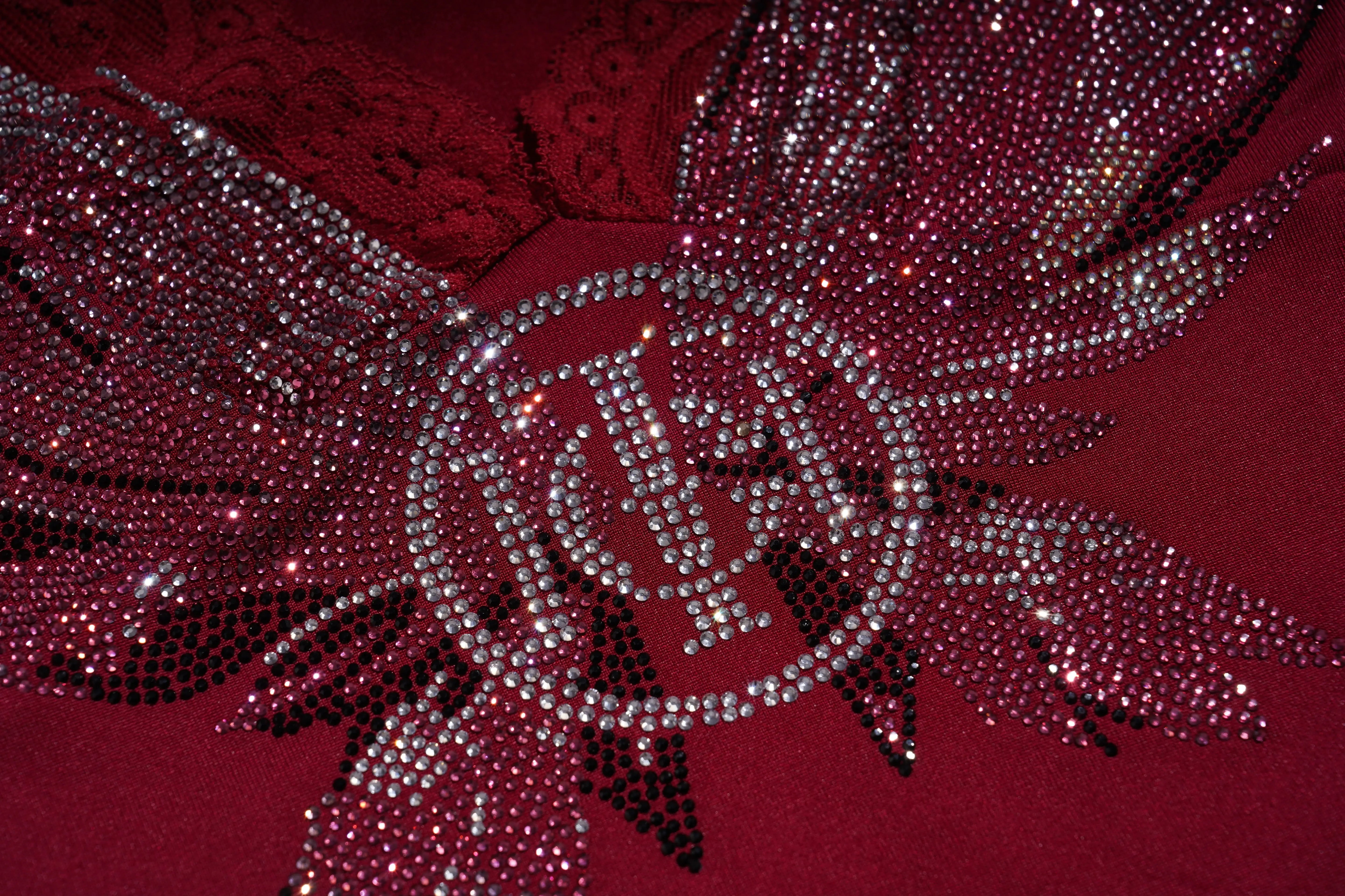 Red Lace V Neck Tops Outfit Ideas: How to Style a Rhinestone Wing Long Sleeve Top for a Sexy Night Out Look