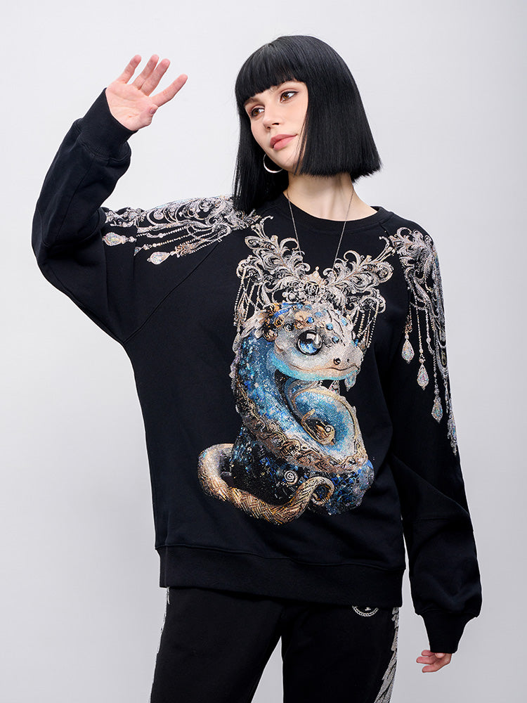 TCH Retro Rhinestone Snake & Wings Shiny Hoodie: When Retro Cartoons Meet Dangerous Symbols, Cold-Bloodedness Learns to Shine