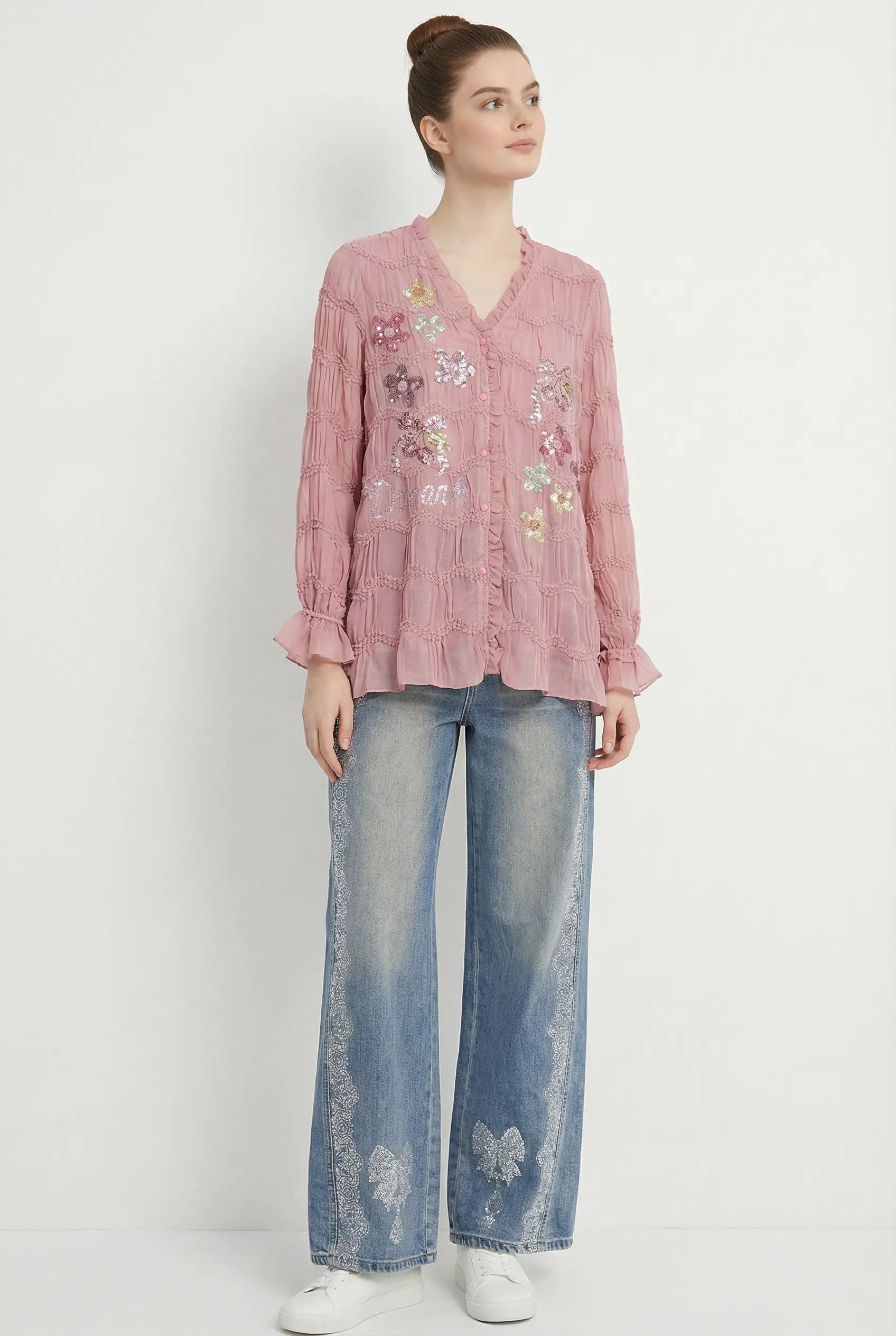 TCH Rhinestone Bow Lace Side Panel Wide Leg Jeans: Where Romantic Lace Meets Modern Street Denim