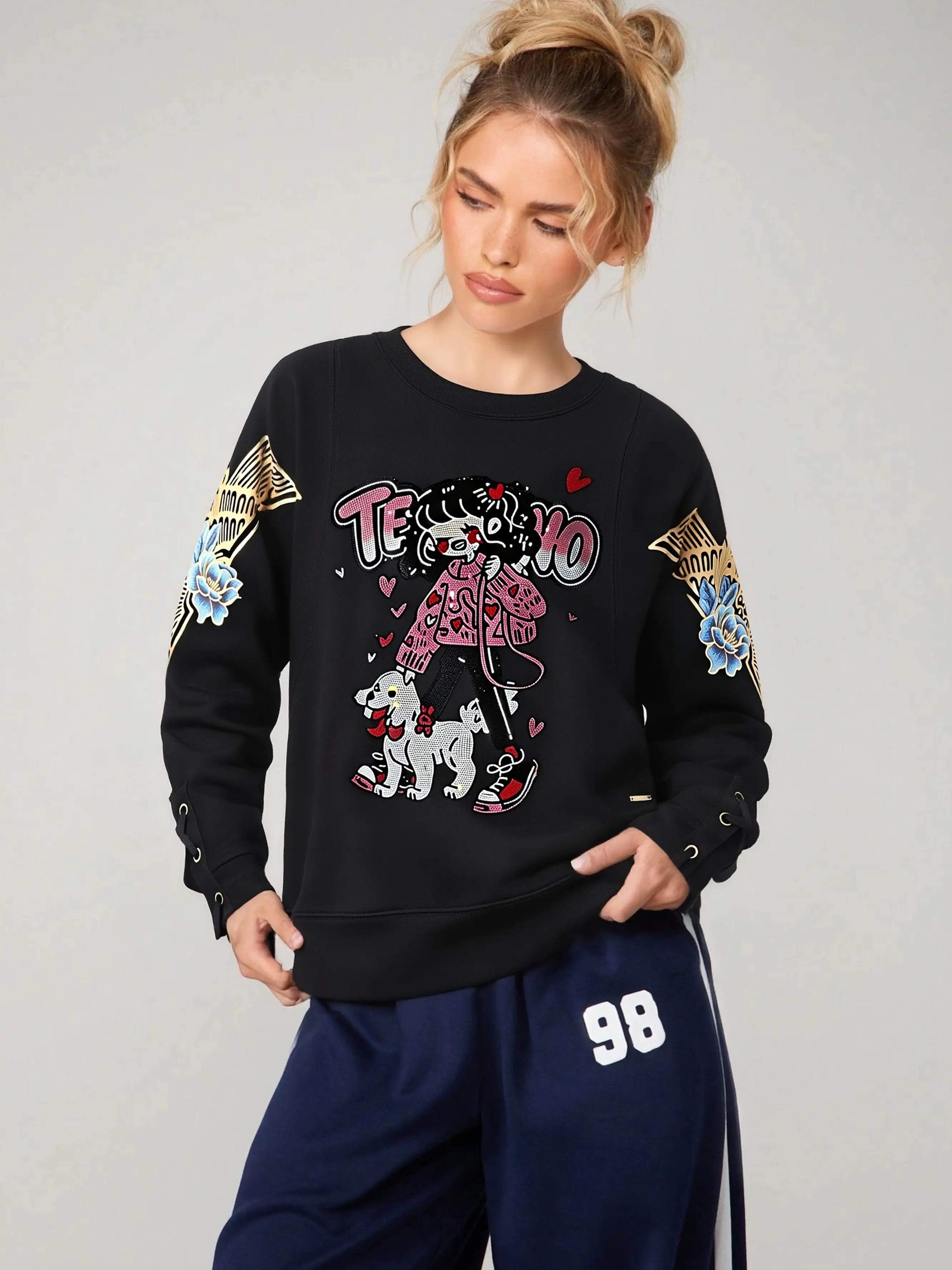 TCH Rhinestone Girl & Dog Graphic Crewneck Sweatshirt: When the elegance of a skater skirt meets the sparkle of a teddy bear