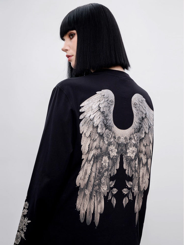 TCH Rhinestone Snake & Wings Long Sleeve Top: When Retro Cartoons Meet Dangerous Symbols, Cold-Bloodedness Can Shine Too