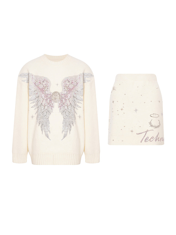 TCH 2 Piece Rhinestone Angel Aura Knit Set with Mini Skirt