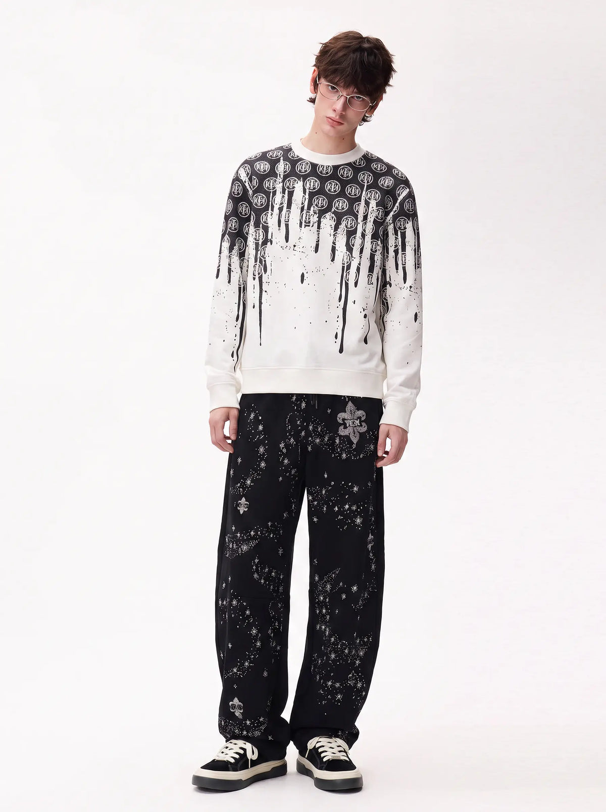 TCH Rhinestone Fleur-de-Lis Starburst Wide-Leg Sweatpants