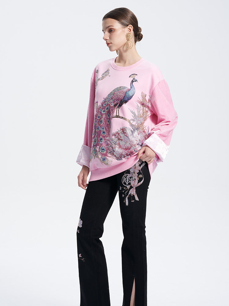 TCH Luxury Rhinestone Peacock Graphic Pullover Top