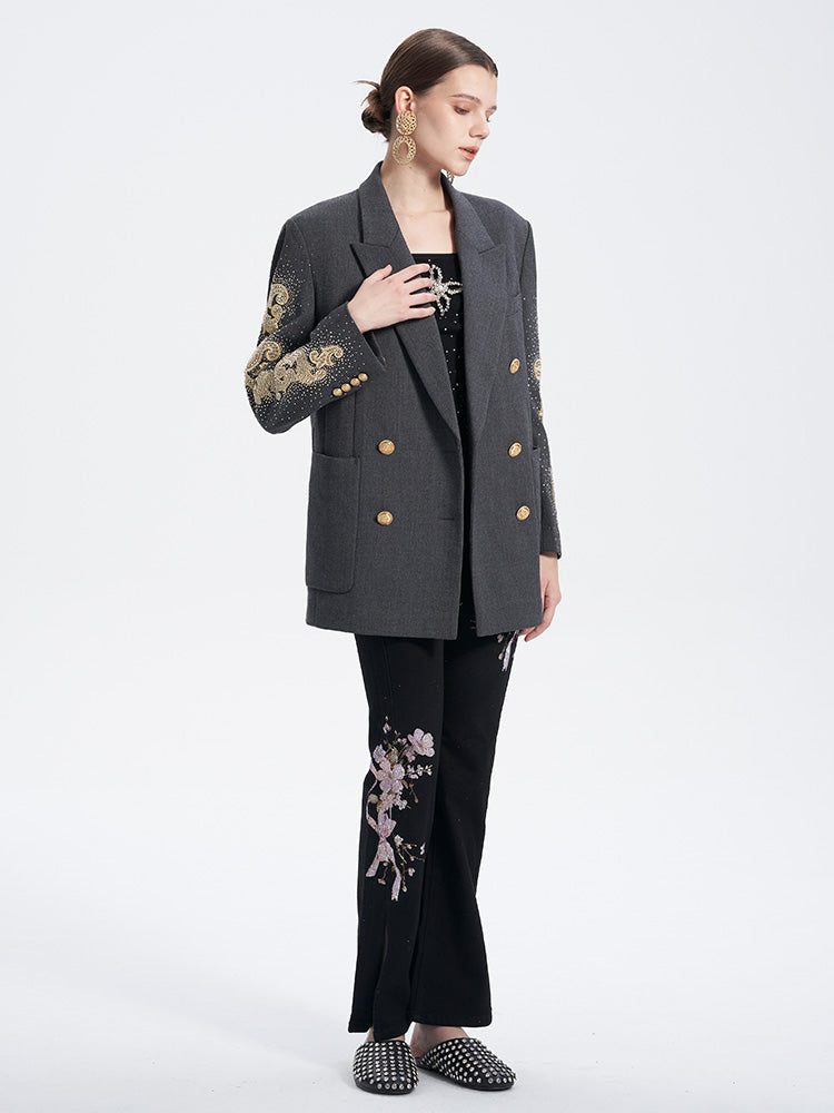 TCH Rhinestone Double Breasted Sparkling Graphic Blazer