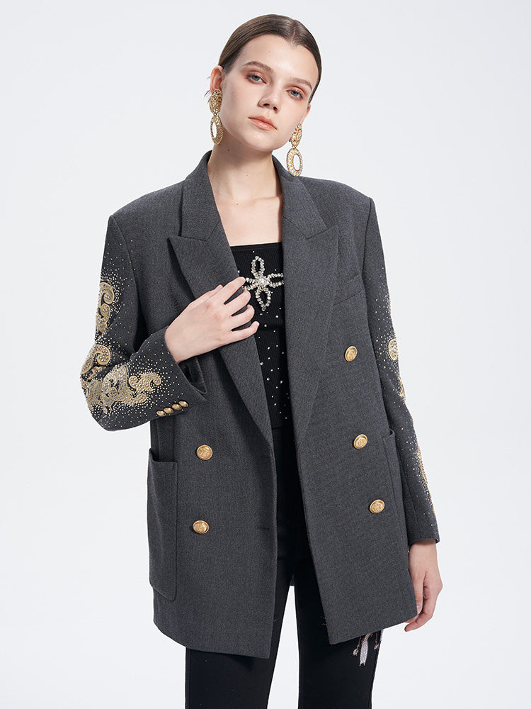 TCH Rhinestone Double Breasted Sparkling Graphic Blazer