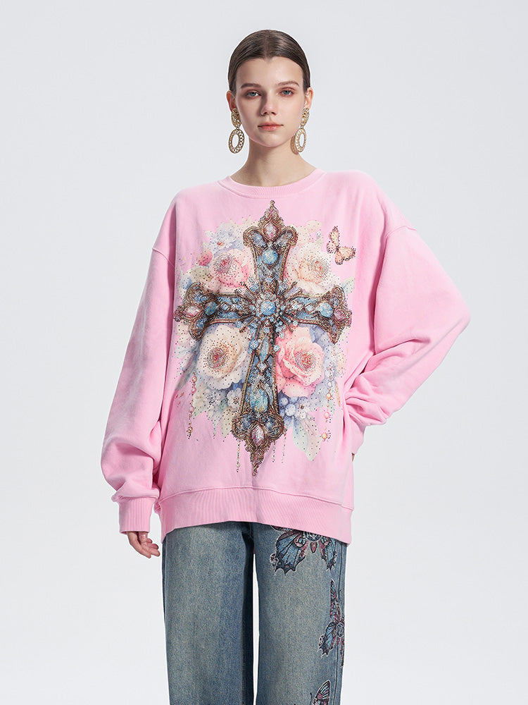 TCH Cross Graphic Rhinestone Wings Sweatshirt