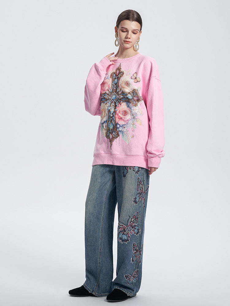 TCH Cross Graphic Rhinestone Wings Sweatshirt