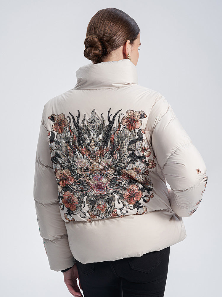 TCH Rhinestone Graphic Flower Puffy Winter Coat
