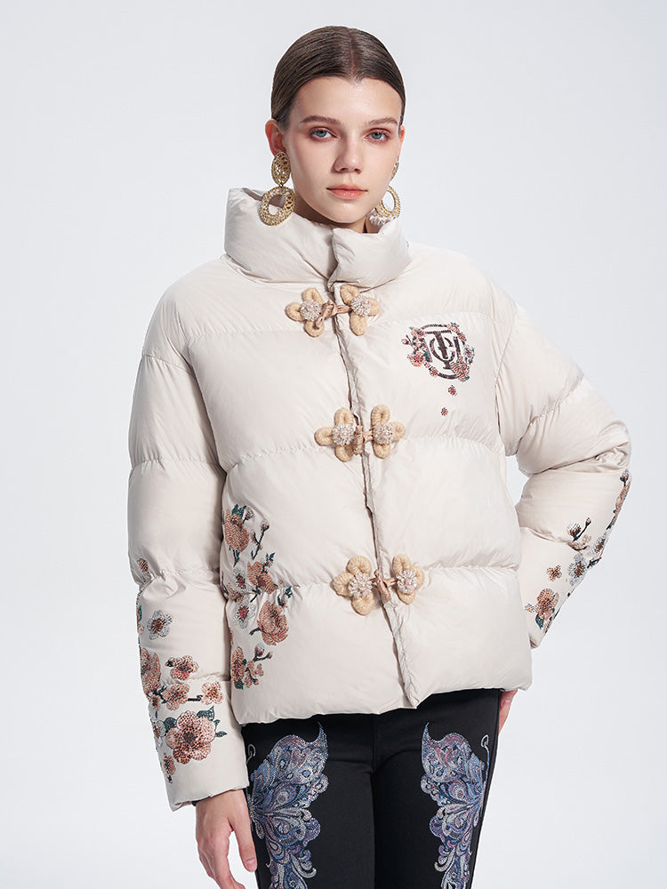 TCH Rhinestone Graphic Flower Puffy Winter Coat