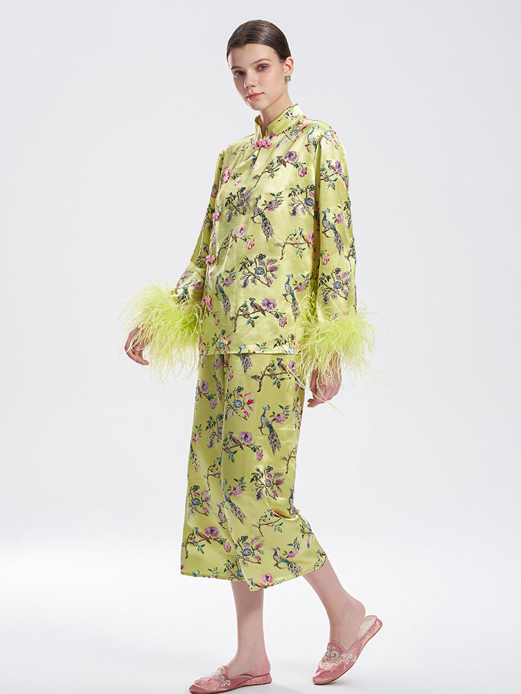 TCH Rhinestone Floral Feather Trim Retro Top