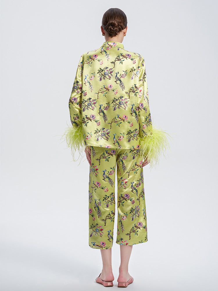 TCH Rhinestone Floral Feather Trim Retro Top