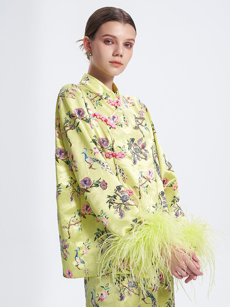 TCH Rhinestone Floral Feather Trim Retro Top