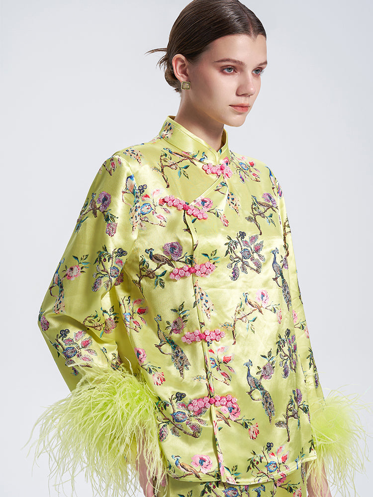 TCH Rhinestone Floral Feather Trim Retro Top