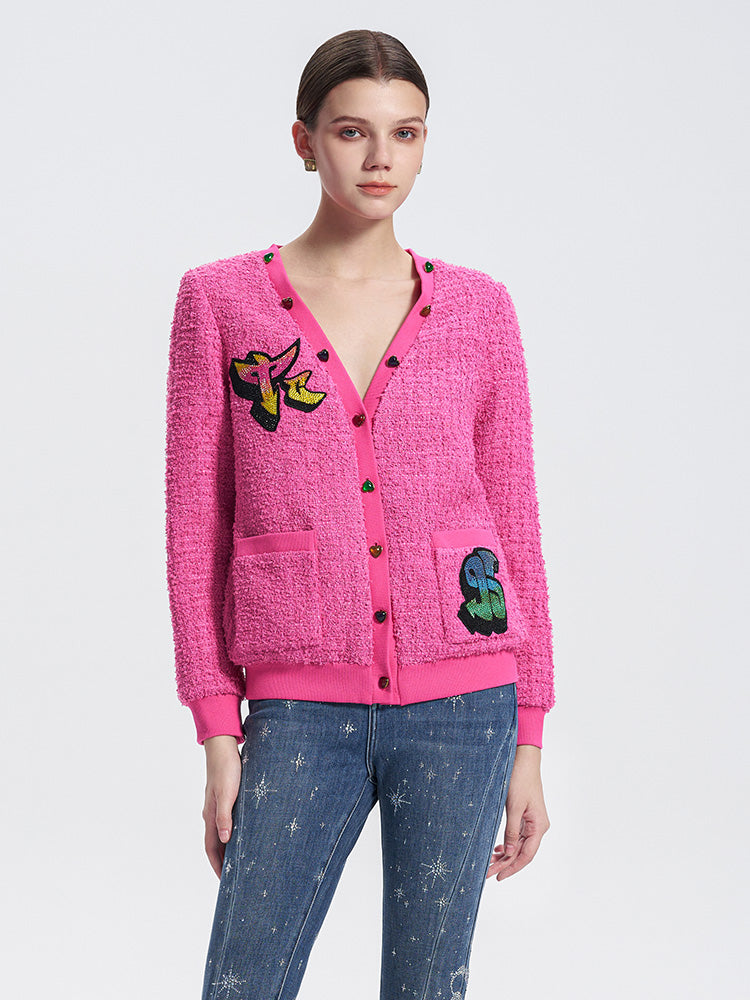 TCH Colorful Rhinestone Letter Print Knited Cardigan
