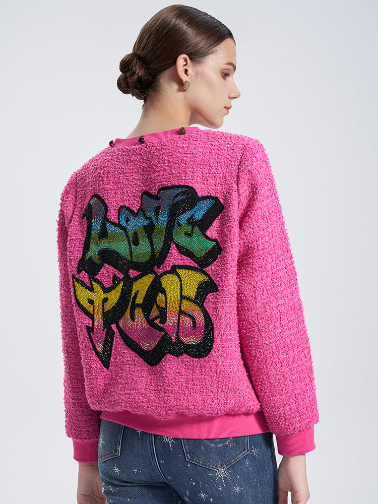 TCH Colorful Rhinestone Letter Print Knited Cardigan