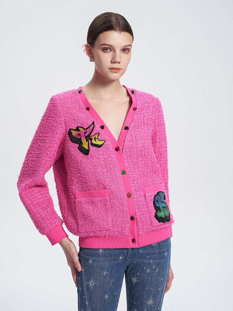 TCH Colorful Rhinestone Letter Print Knited Cardigan
