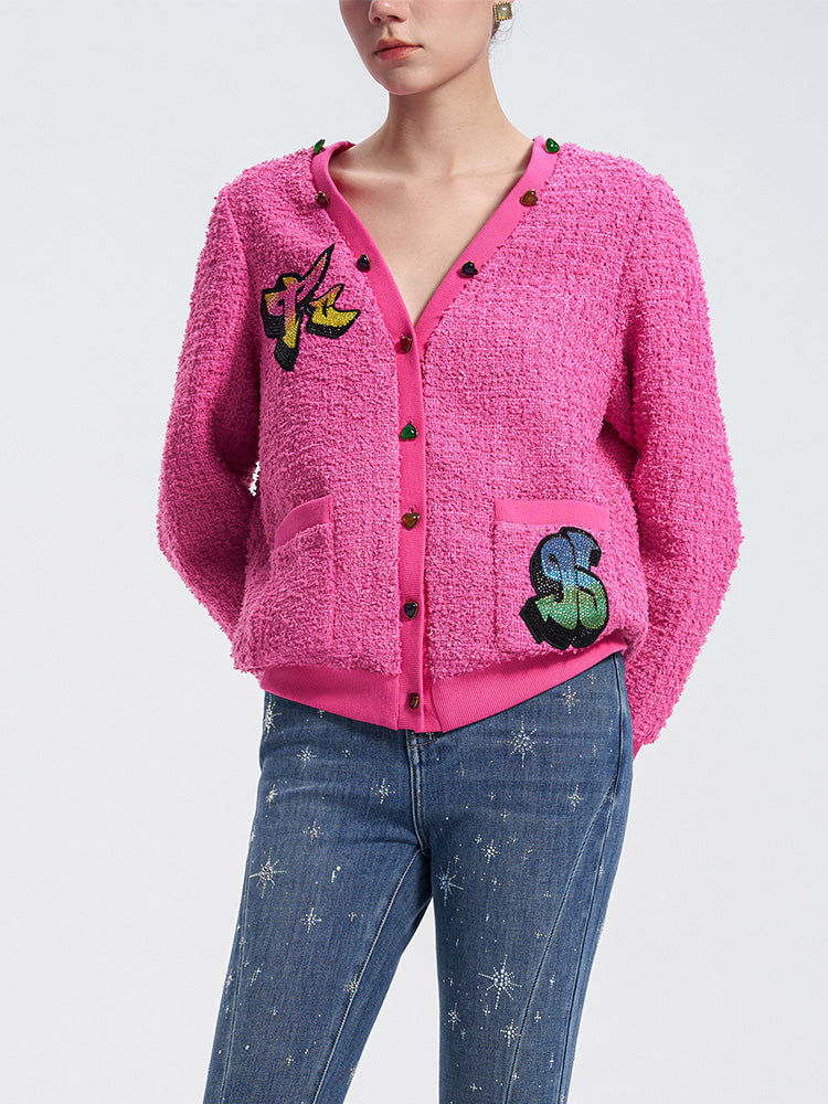 TCH Colorful Rhinestone Letter Print Knited Cardigan