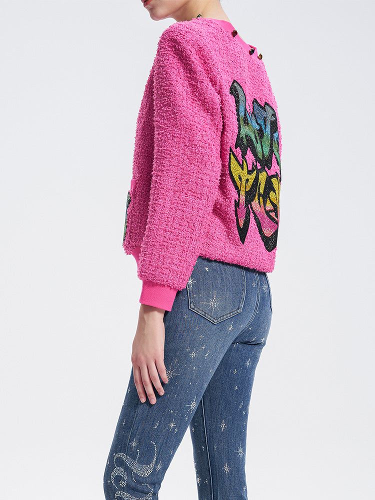 TCH Colorful Rhinestone Letter Print Knited Cardigan
