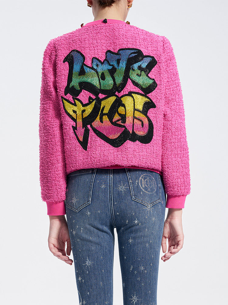 TCH Colorful Rhinestone Letter Print Knited Cardigan