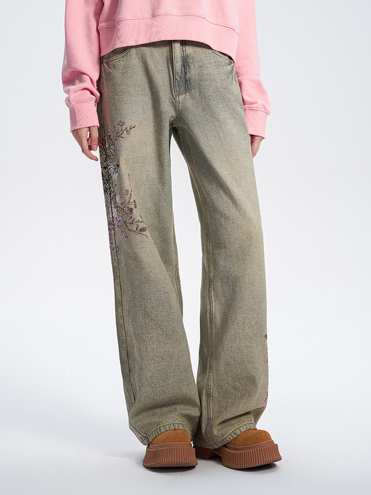 TCH Leopard Print Rhinestone Wide Leg Jeans with Pockets