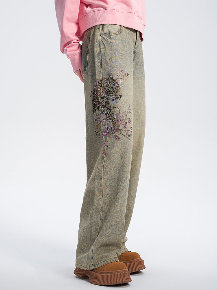 TCH Leopard Print Rhinestone Wide Leg Jeans with Pockets