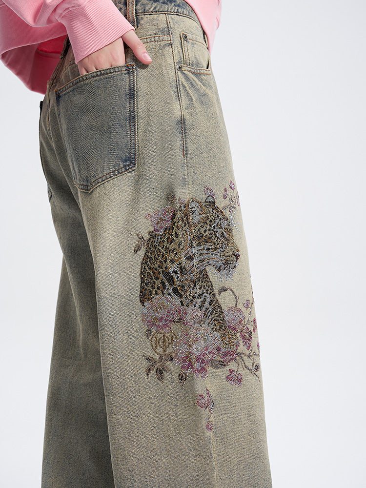 TCH Leopard Print Rhinestone Wide Leg Jeans with Pockets