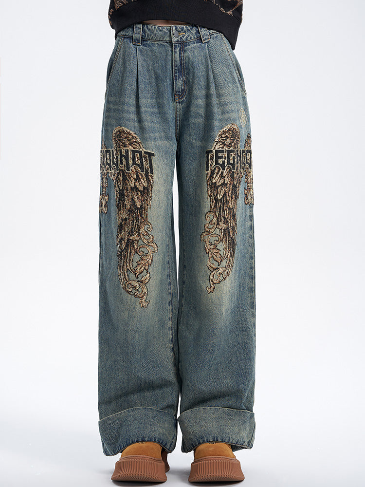 TCH Presale Wings Graphic Rhinestone Wide Leg Jeans