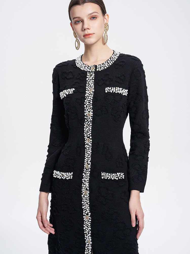 TCH Black Pearl Trim Knit Tweed Sheath Dress