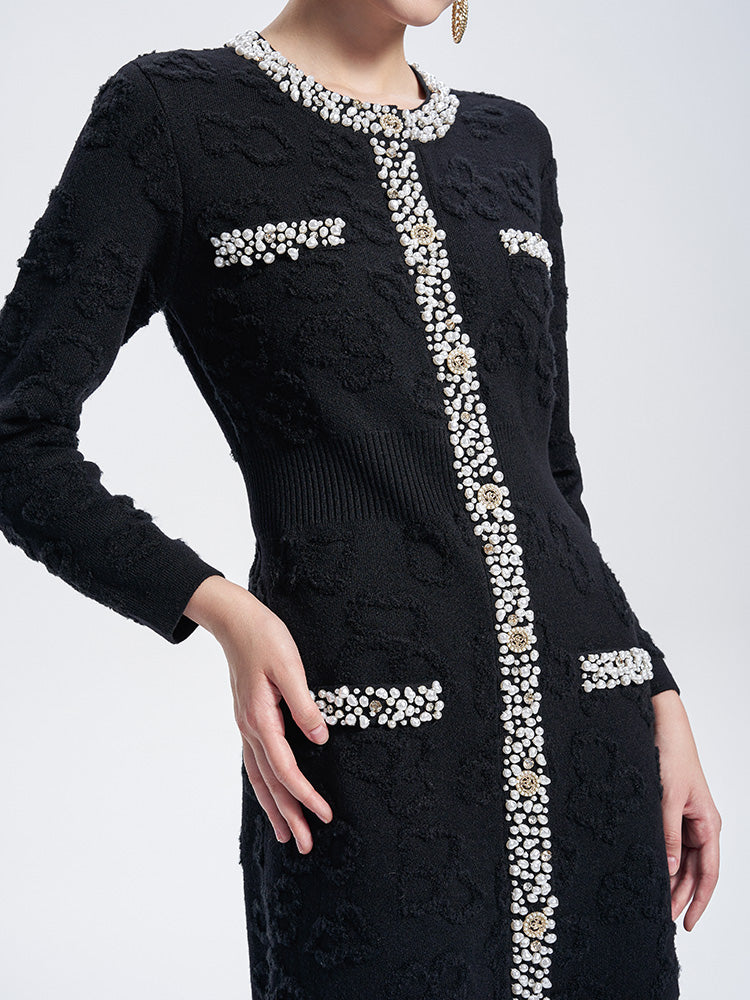 TCH Black Pearl Trim Knit Tweed Sheath Dress