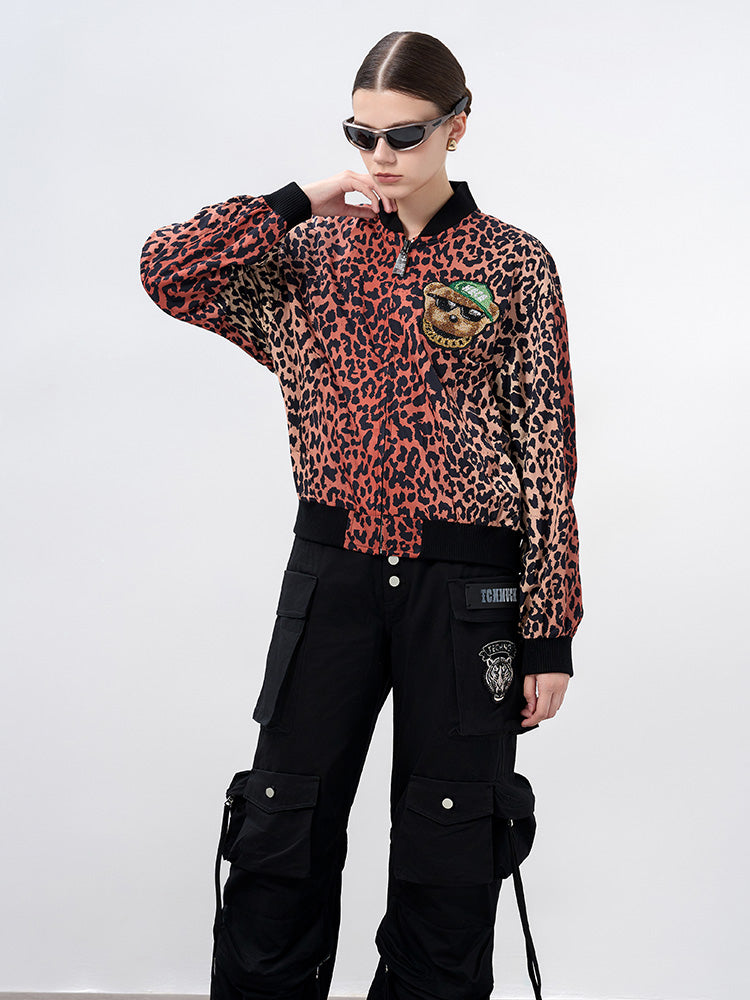 TCH Rhinestone Leopard Graphic Bomber Jacket