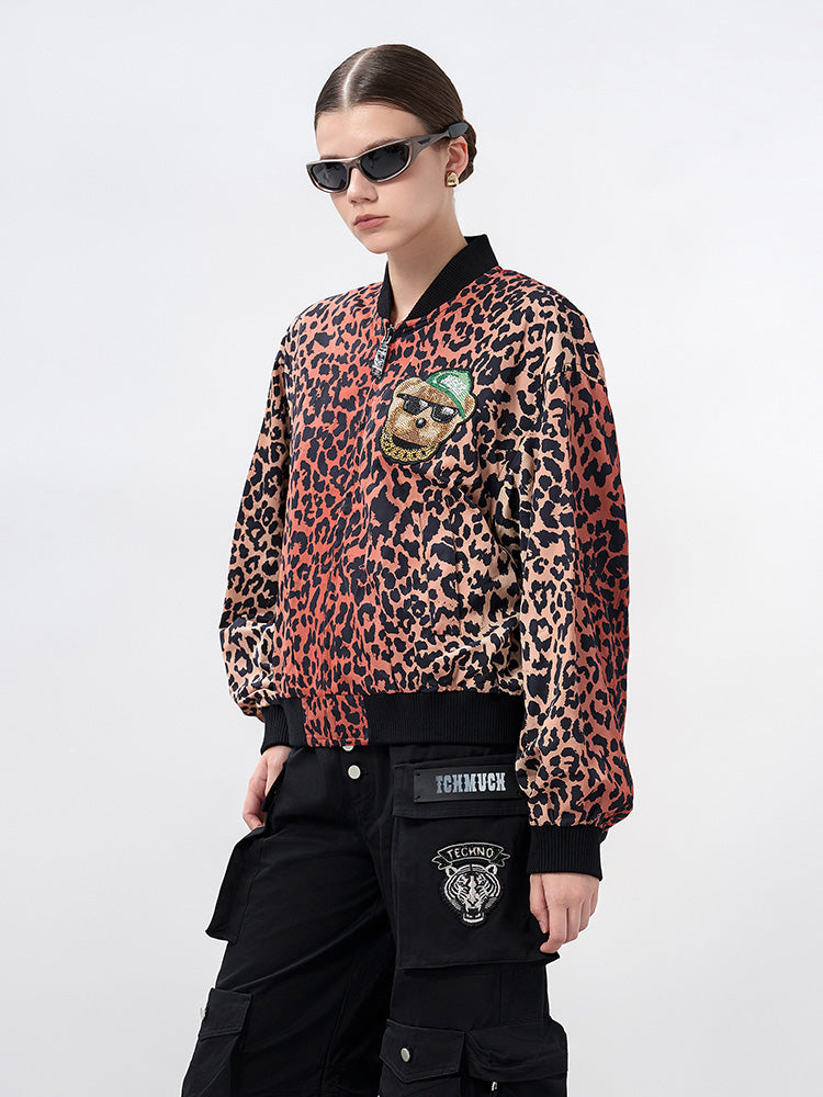 TCH Rhinestone Leopard Graphic Bomber Jacket