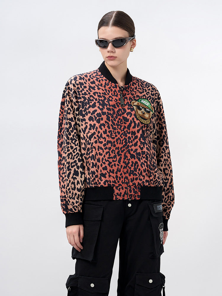 TCH Rhinestone Leopard Graphic Bomber Jacket