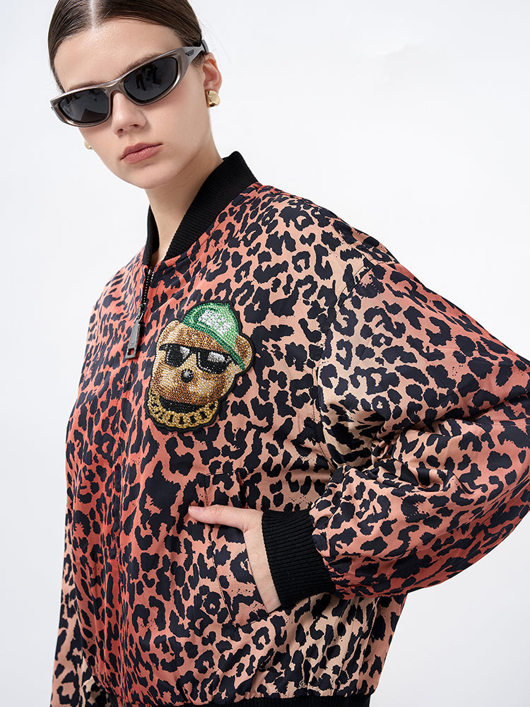 TCH Rhinestone Leopard Graphic Bomber Jacket