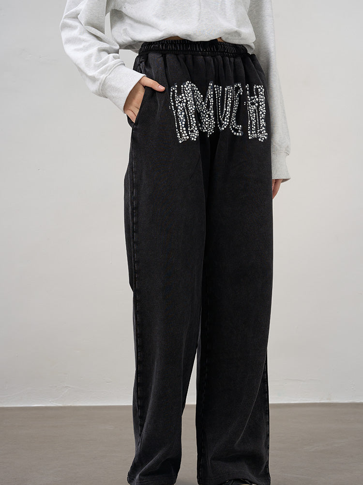 TCH Letter Print Rhinestone Distressed Wide Leg Pants