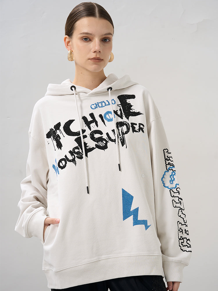 TCH Rhinestone Graffiti Hoodie Sweatshirt in White