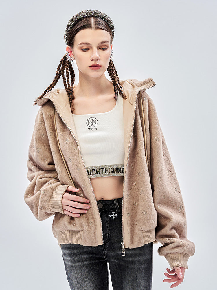 TCH Rhinestone Faux Fur Hooded Jacket
