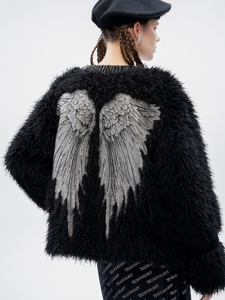 TCH Rhinestone Faux Fur Wings Cardigan Jacket