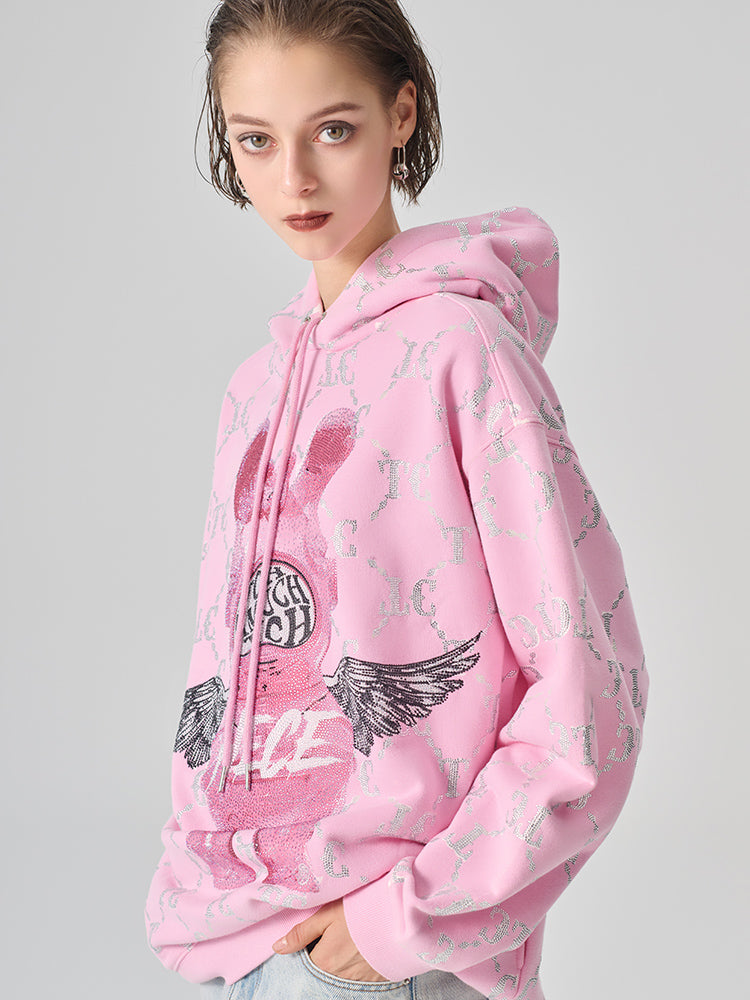 TCH Rhinestone Cartoon Graphic Pink Fall Hoodie