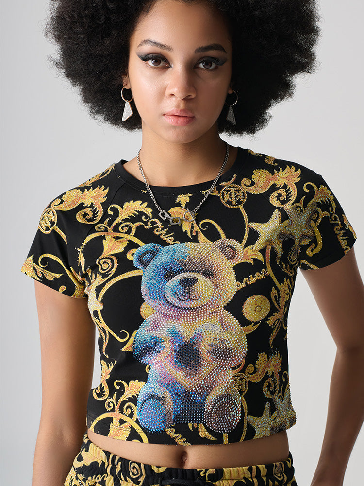TCH Teddy Bear Rhinestones Print Tee Crop Top Baroque