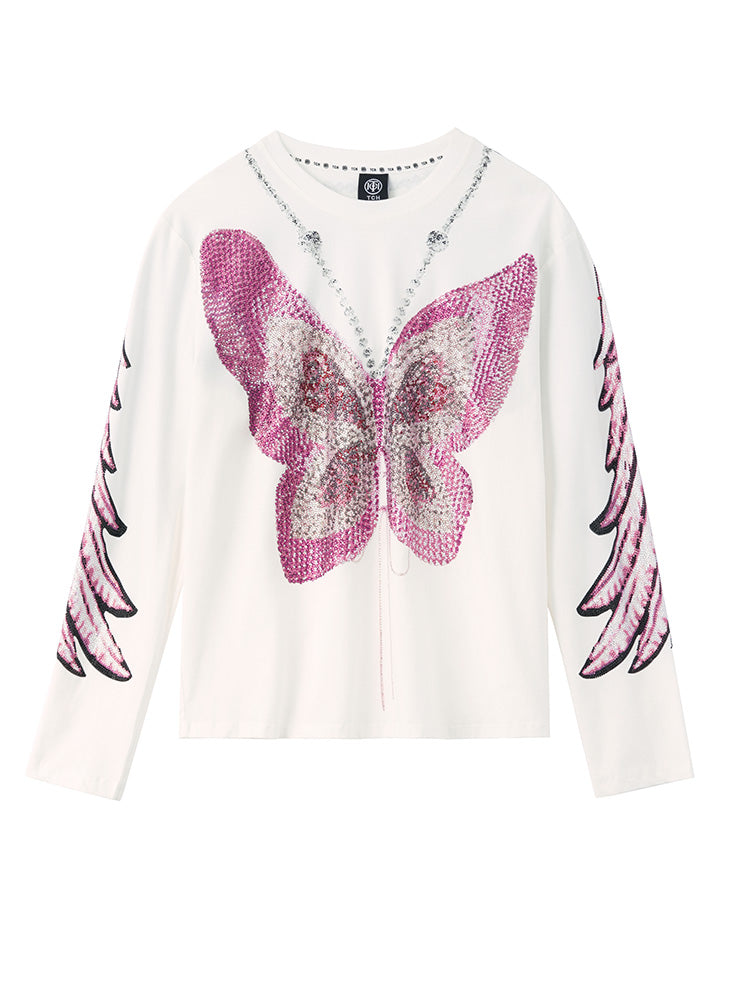 TCH Pink Rhinestone Butterfly Wing Sleeve Top