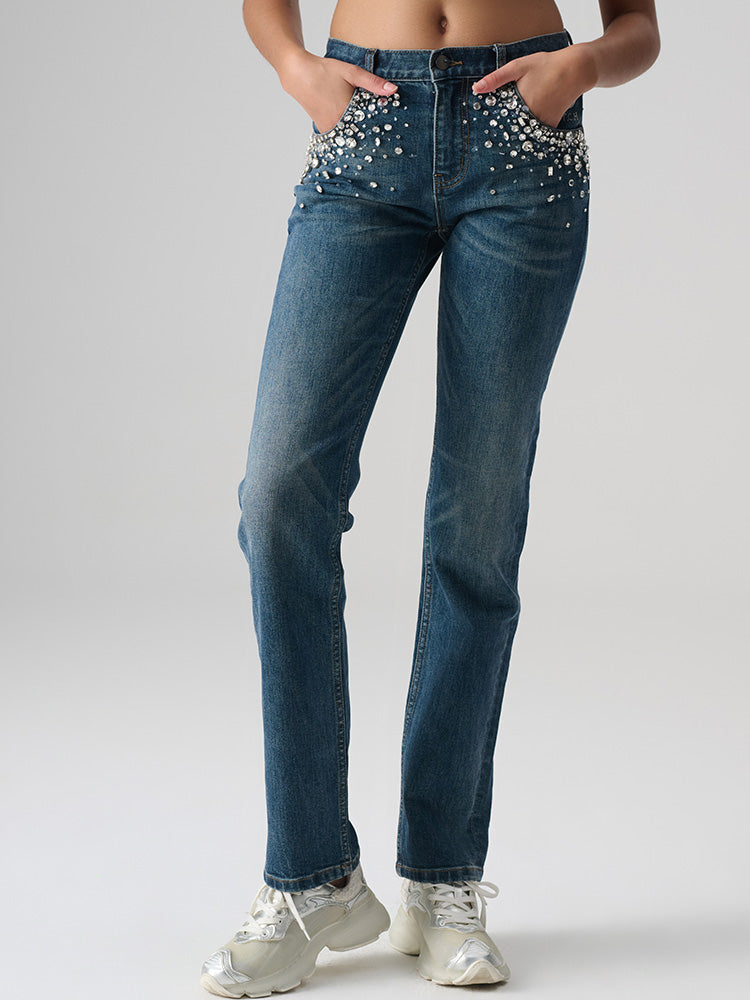 TCH Women's Mid-Rise Rhinestone Straight Denim Jean