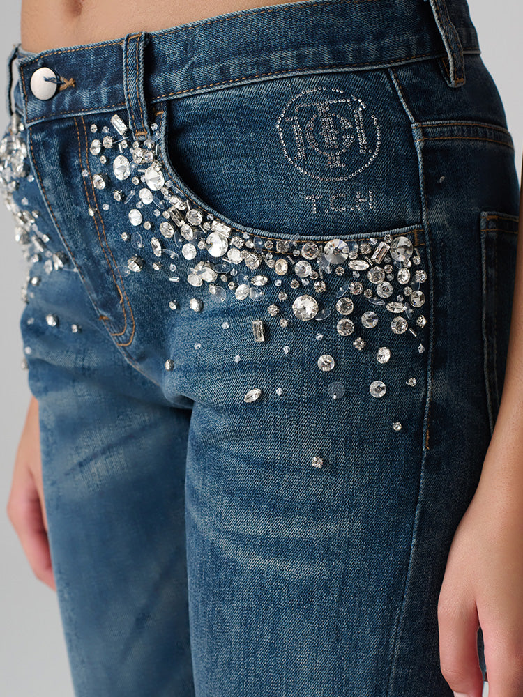 TCH Women's Mid-Rise Rhinestone Straight Denim Jean
