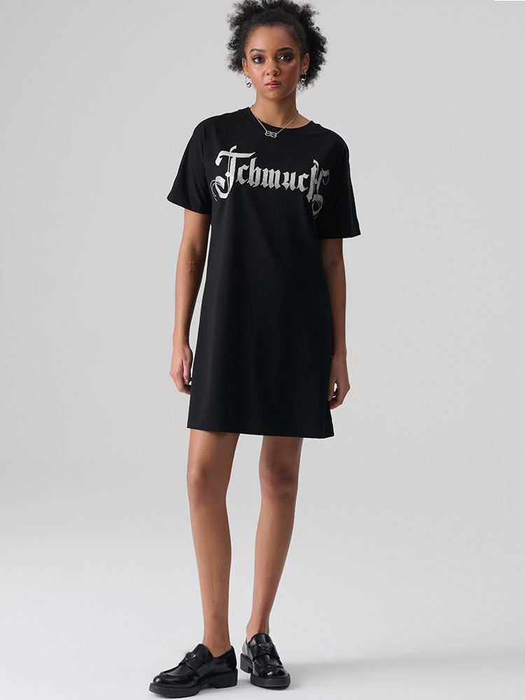 TCH Letter Printed Rhinestone Casual T-shirt Mini Dress