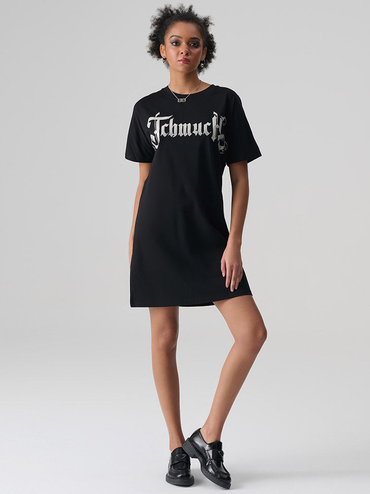 TCH Letter Printed Rhinestone Casual T-shirt Mini Dress