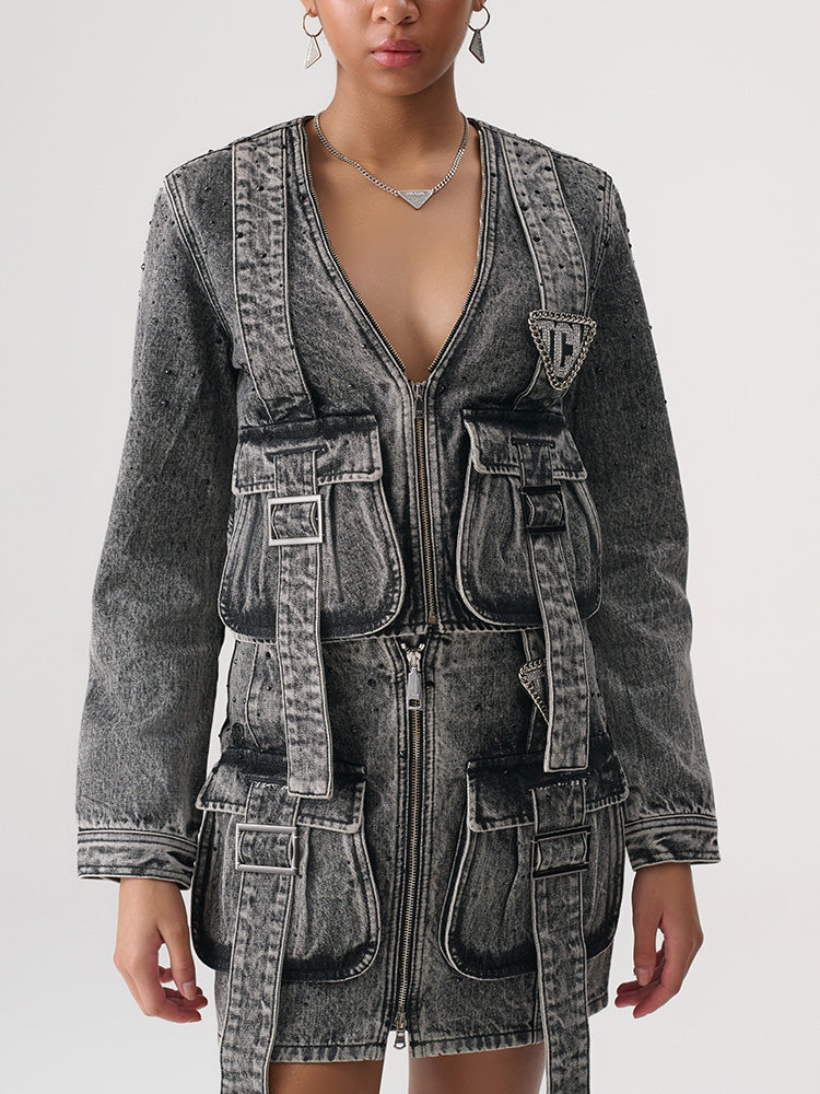 TCH Washed Utility Denim Jacket with Strap Detail