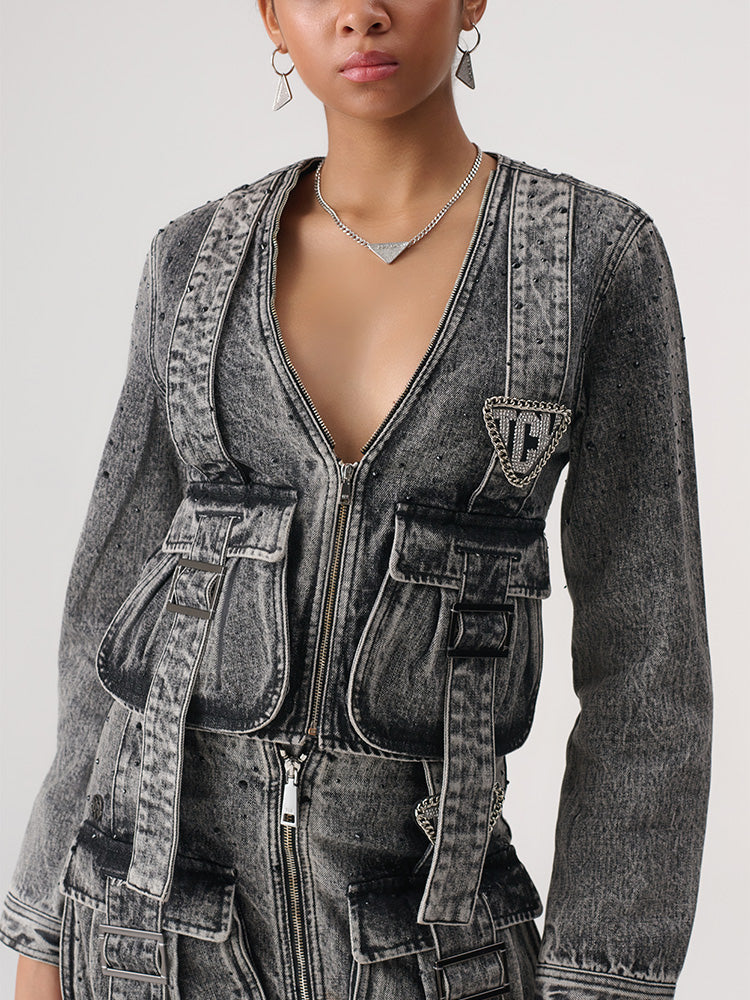 TCH Washed Utility Denim Jacket with Strap Detail